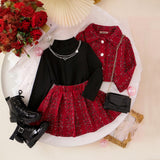 Girls Texture Jacket With High Neck Top & Pleated Skirt Set