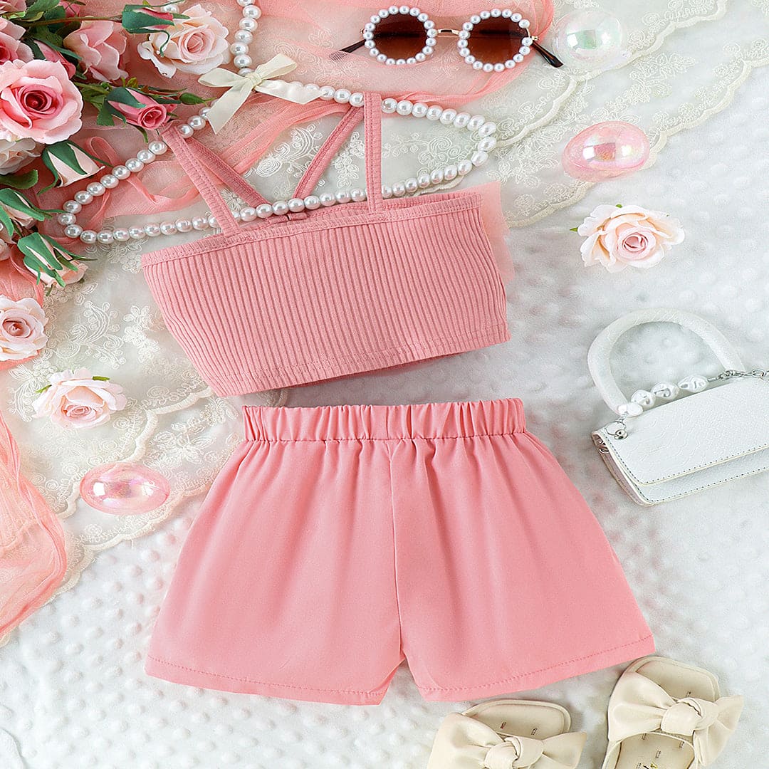 Girls Pink Rose Applique Crossover Top With Shorts Set Sets   