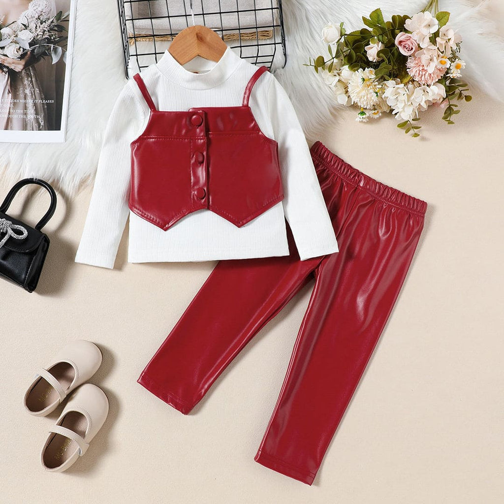 Girls Red Faux Leather Crop Top With Trouser & High Neck Pullover Set Sets Red 1-2 Y 