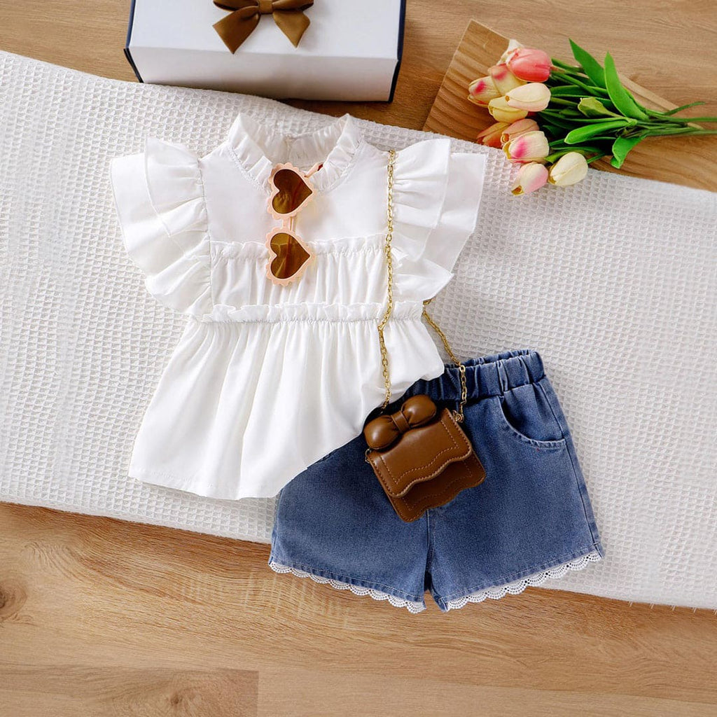 Girls White Flared Sleeve Top With Denim Shorts Set Sets White 3-4 Y 