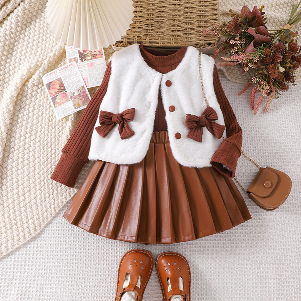 Girls Long Sleeve Sweater With Fur Jacket & PU Pleated Skirt Set