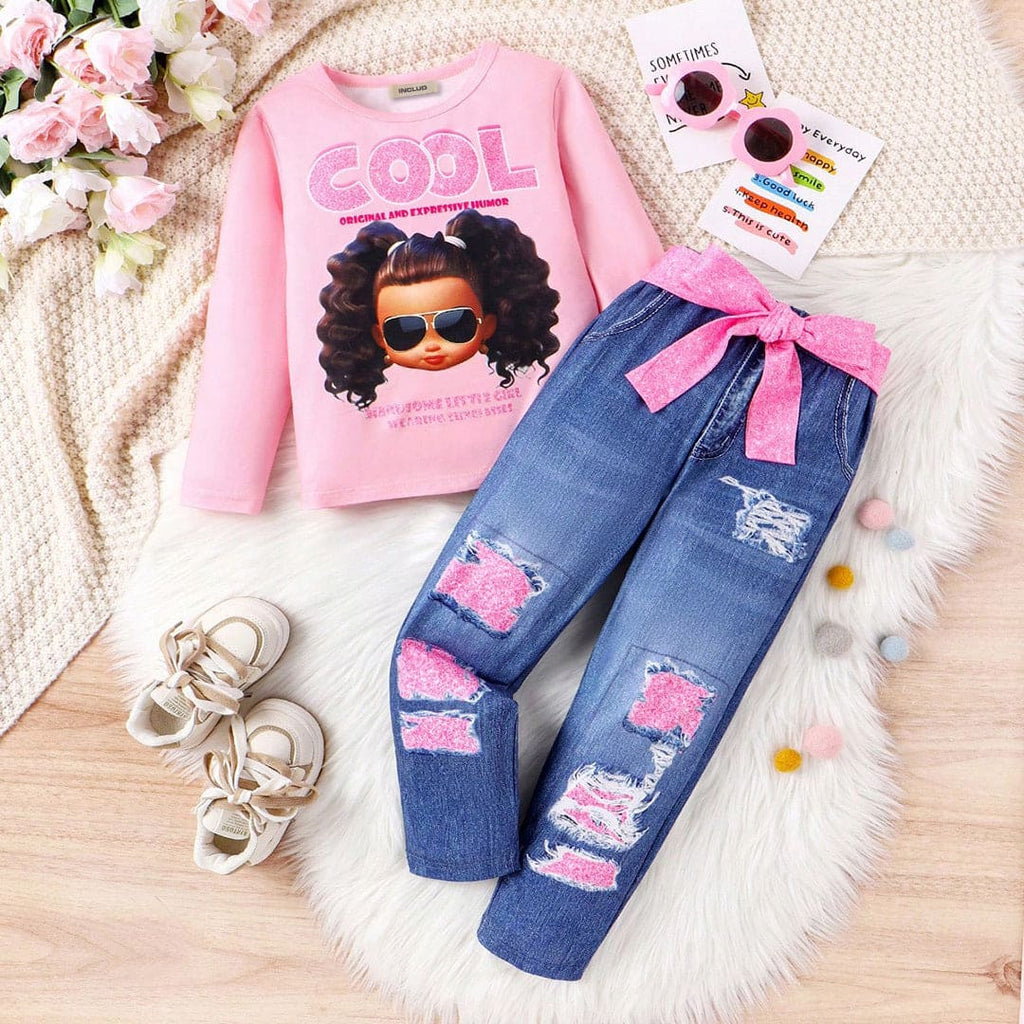 Girls Long Sleeve Graphic T-Shirt With Denim Jeans Set Sets Pink 4-5 Y 