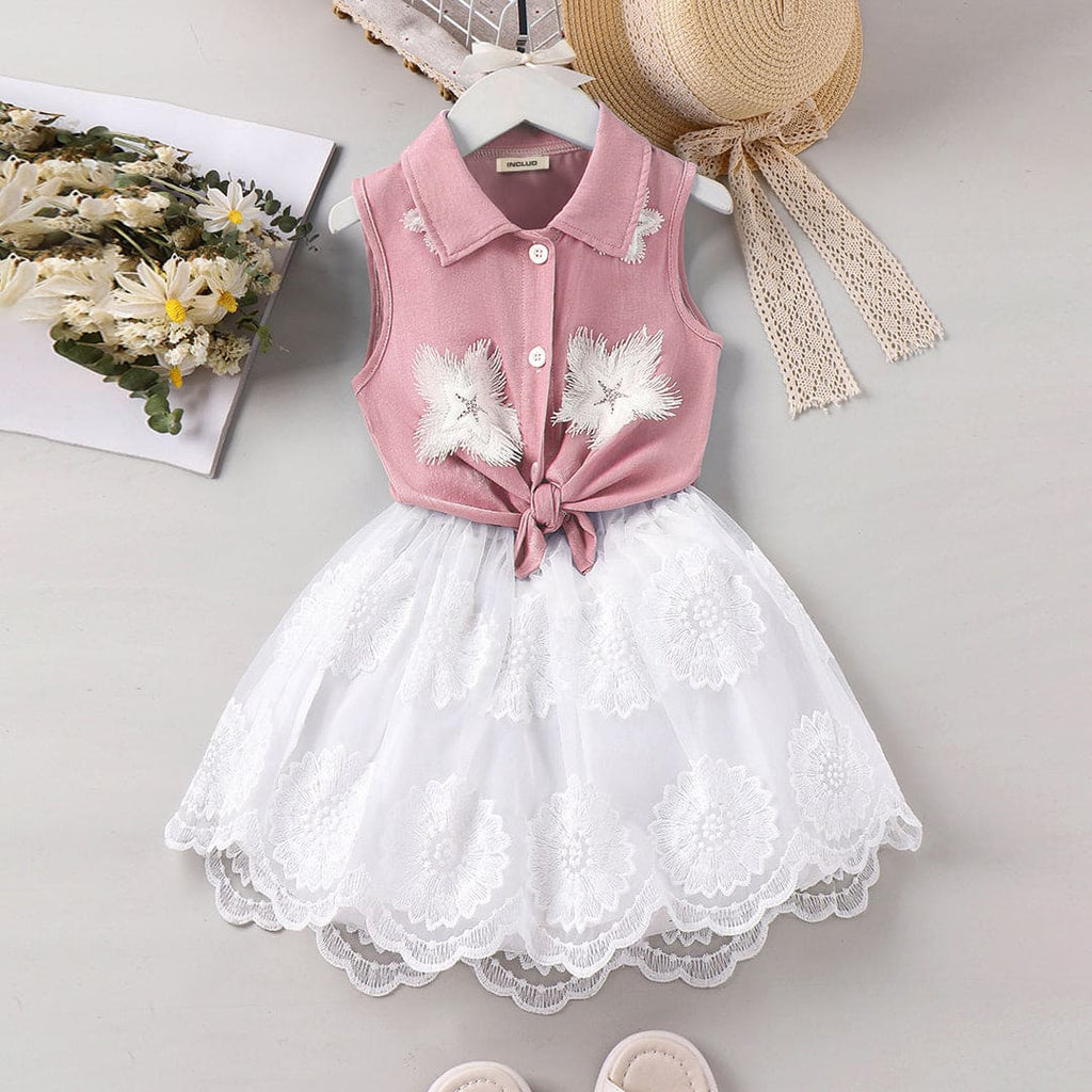 Girls Pink Sleeveless Knotted Shirt With Embroidered Skirt Set Sets Pink 4-5 Y 