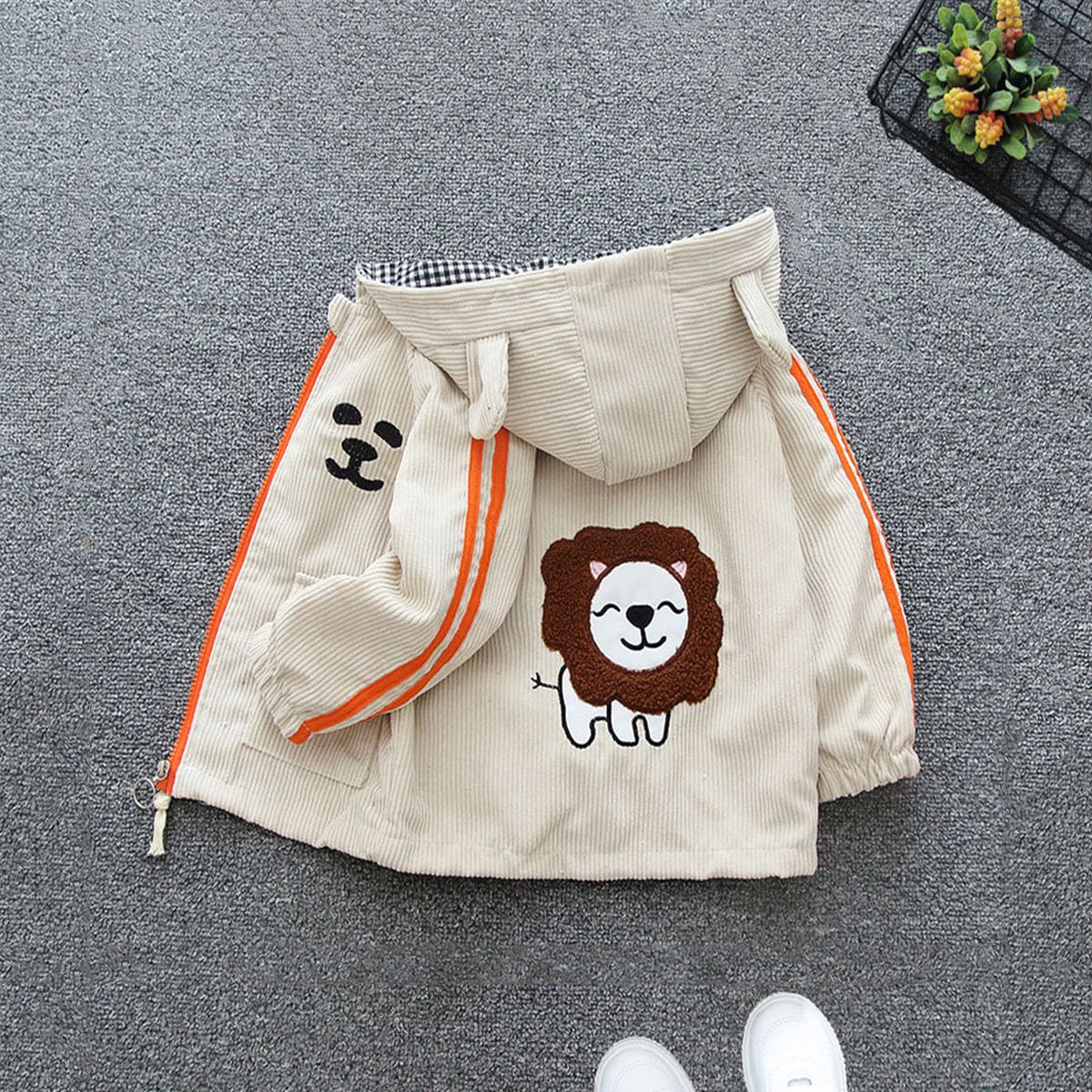Boys Beige Lion Printed Front Open Hooded Corduroy Jacket Coats & Jackets   