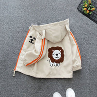 Boys Beige Lion Printed Front Open Hooded Corduroy Jacket Coats & Jackets   