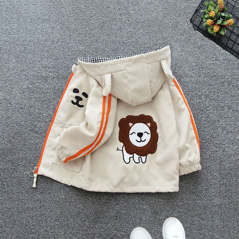 Boys Beige Lion Printed Front Open Hooded Corduroy Jacket Coats & Jackets   