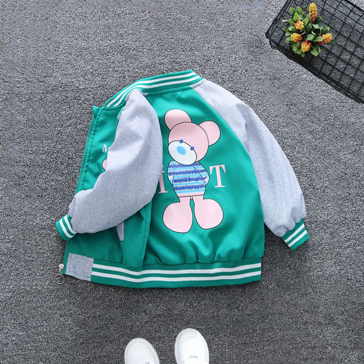Girls Green Bear Printed Stand Up Collar Jacket Coats & Jackets   