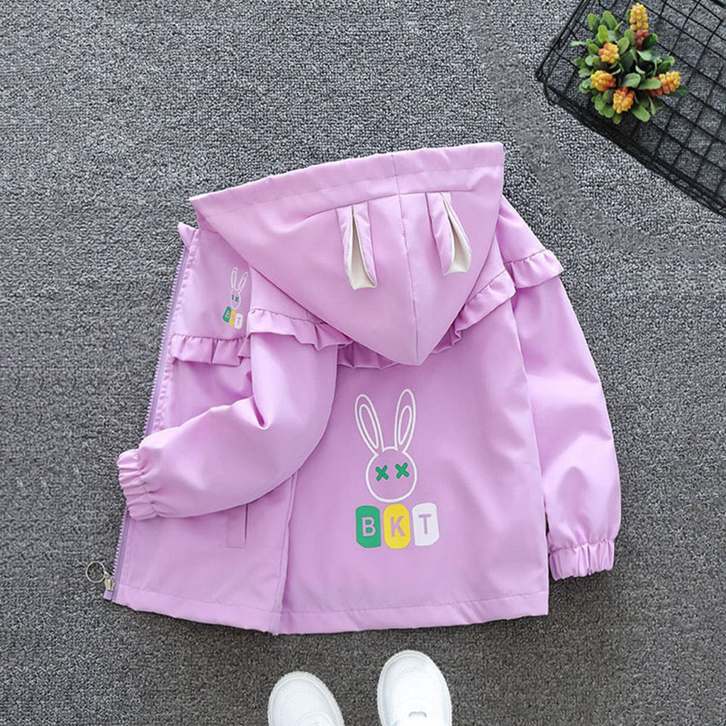 Girls Purple Printed Front Open Rabbit Ear Hooded Fashion Jacket Coats & Jackets   
