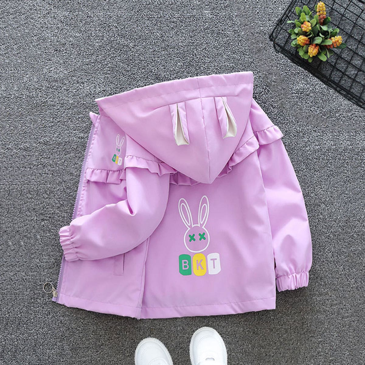 Girls Purple Printed Front Open Rabbit Ear Hooded Fashion Jacket Coats & Jackets   