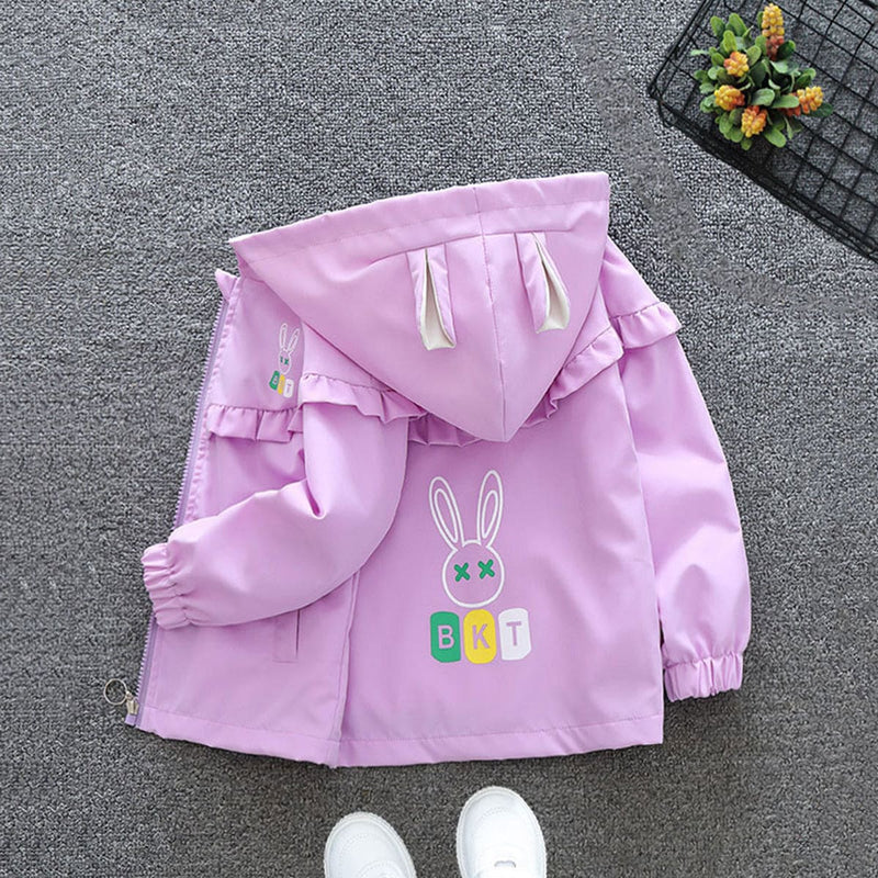 Girls Purple Printed Front Open Rabbit Ear Hooded Fashion Jacket Coats & Jackets   
