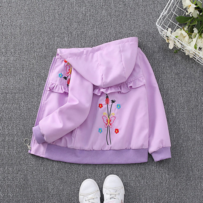 Girls Purple Butterfly Embroidered Front Open Hooded Jacket Coats & Jackets   