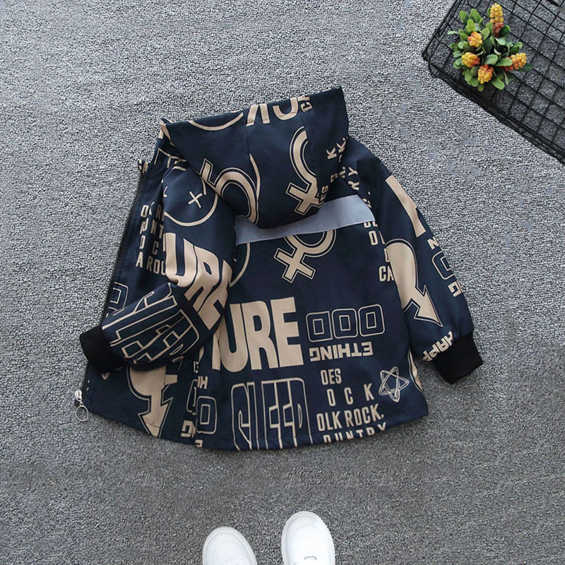 Boys Navy Text Print Hooded Long Sleeve Jacket Coats & Jackets   
