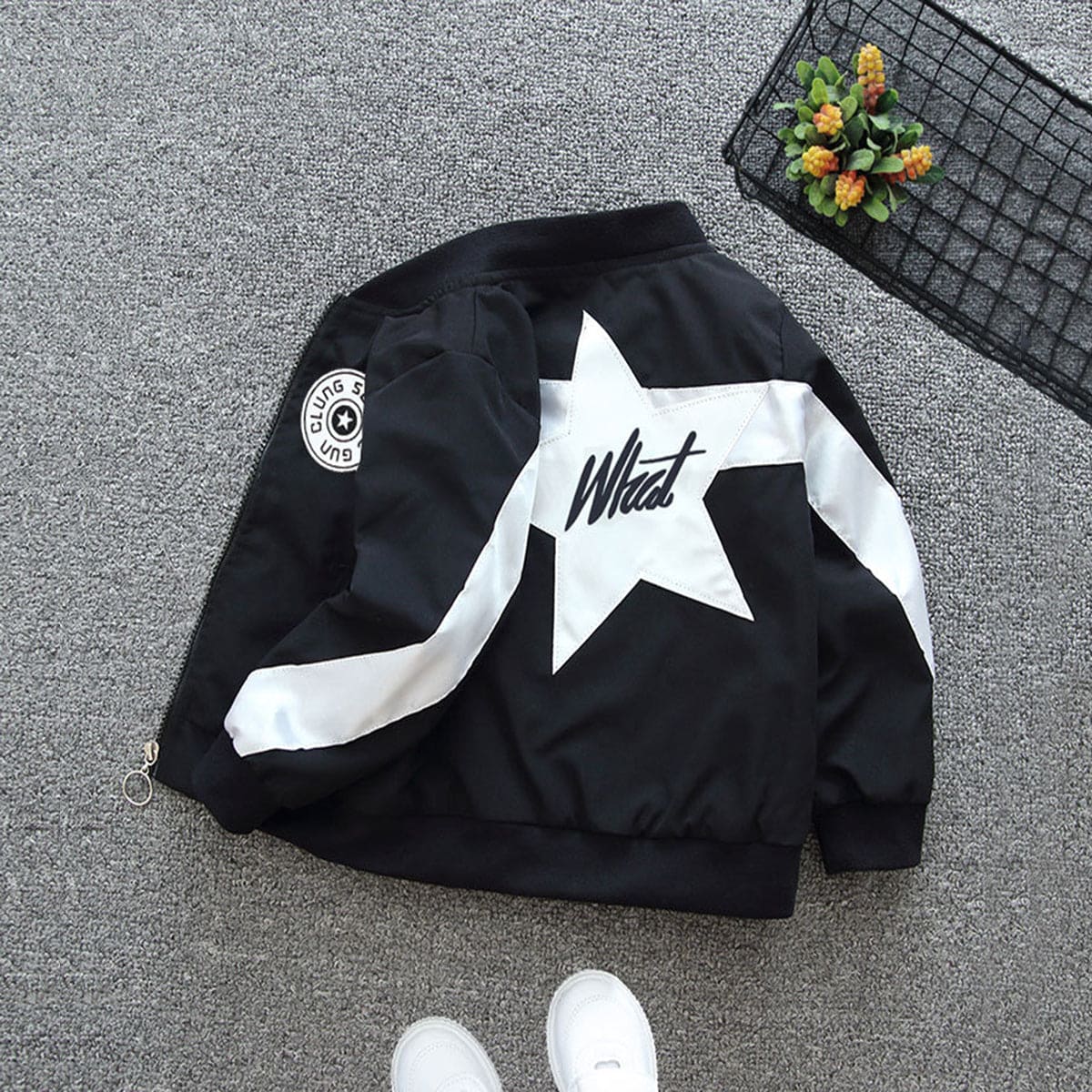 Boys Black Star Applique Front Open Color-blocked Trendy Jacket Coats & Jackets   