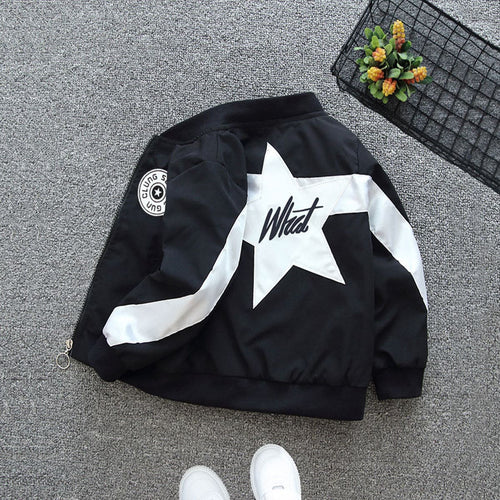 Boys Black Star Applique Front Open Color-blocked Trendy Jacket Coats & Jackets   