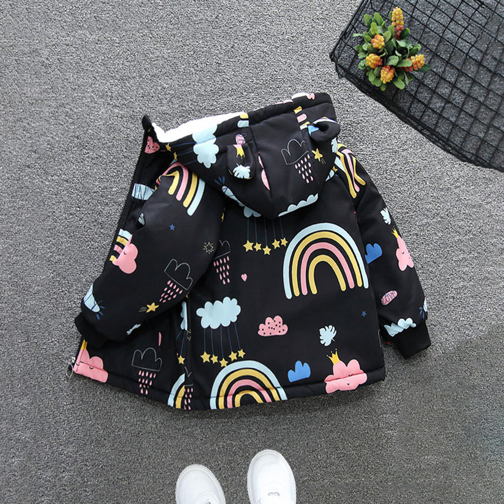 Girls Black Printed Hooded Fleece Jacket Coats & Jackets   