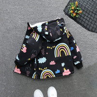 Girls Black Printed Hooded Fleece Jacket Coats & Jackets   