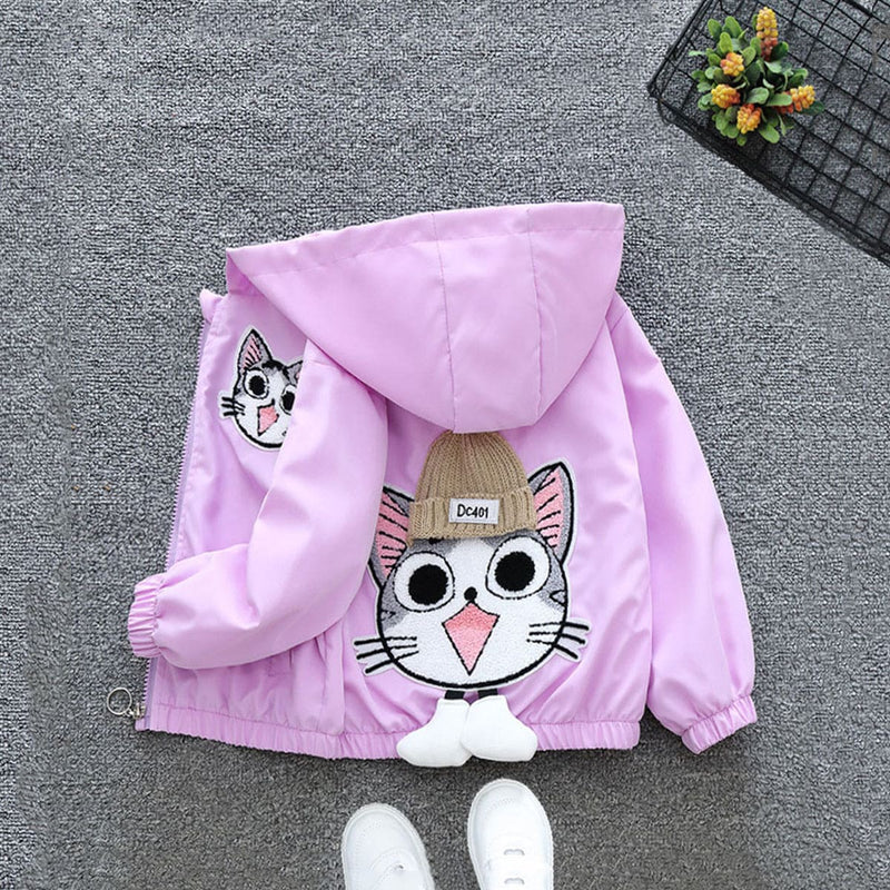 Girls Purple Cat Applique Hooded Jacket With Back Detailing Coats & Jackets   
