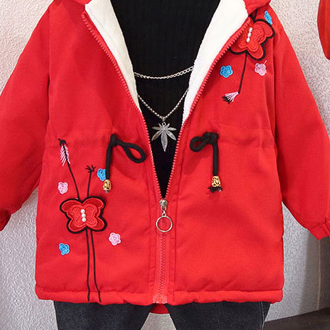 Girls Red Butterfly Applique Hooded Fleece Lined Jacket Coats & Jackets   