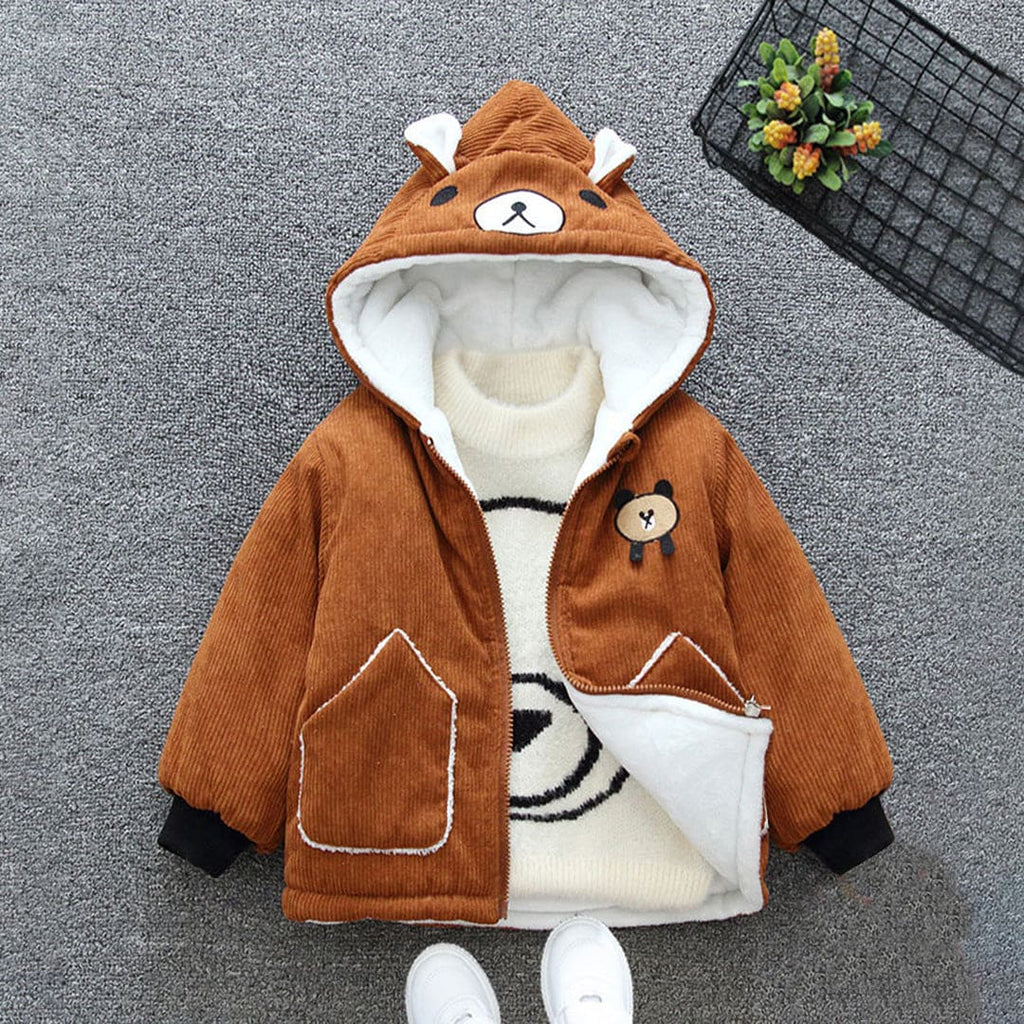 Boys Brown Bear Faced Hoodie Fashion Jacket With Fur Lining Coats & Jackets Brown 1-2 Y 