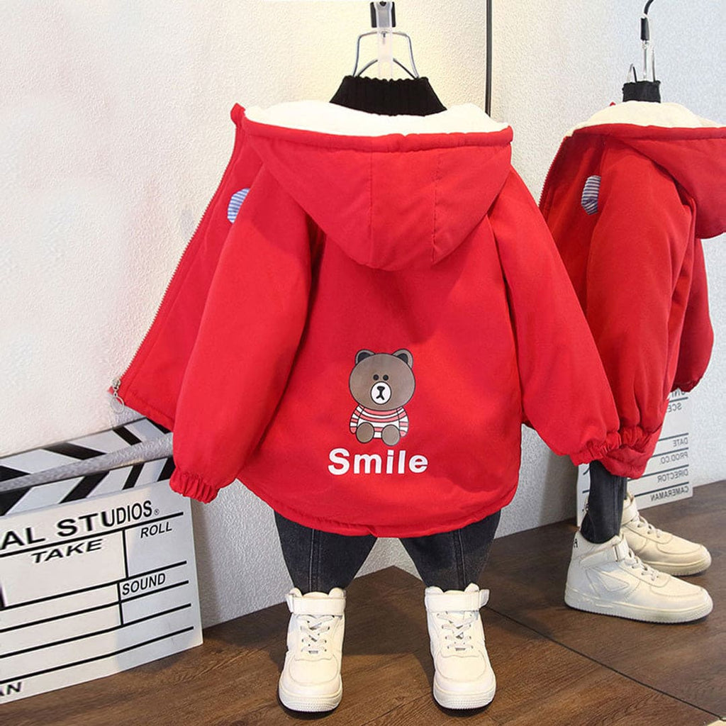 Girls Red Teddy Print Hooded Fleece Lined Jacket Coats & Jackets   