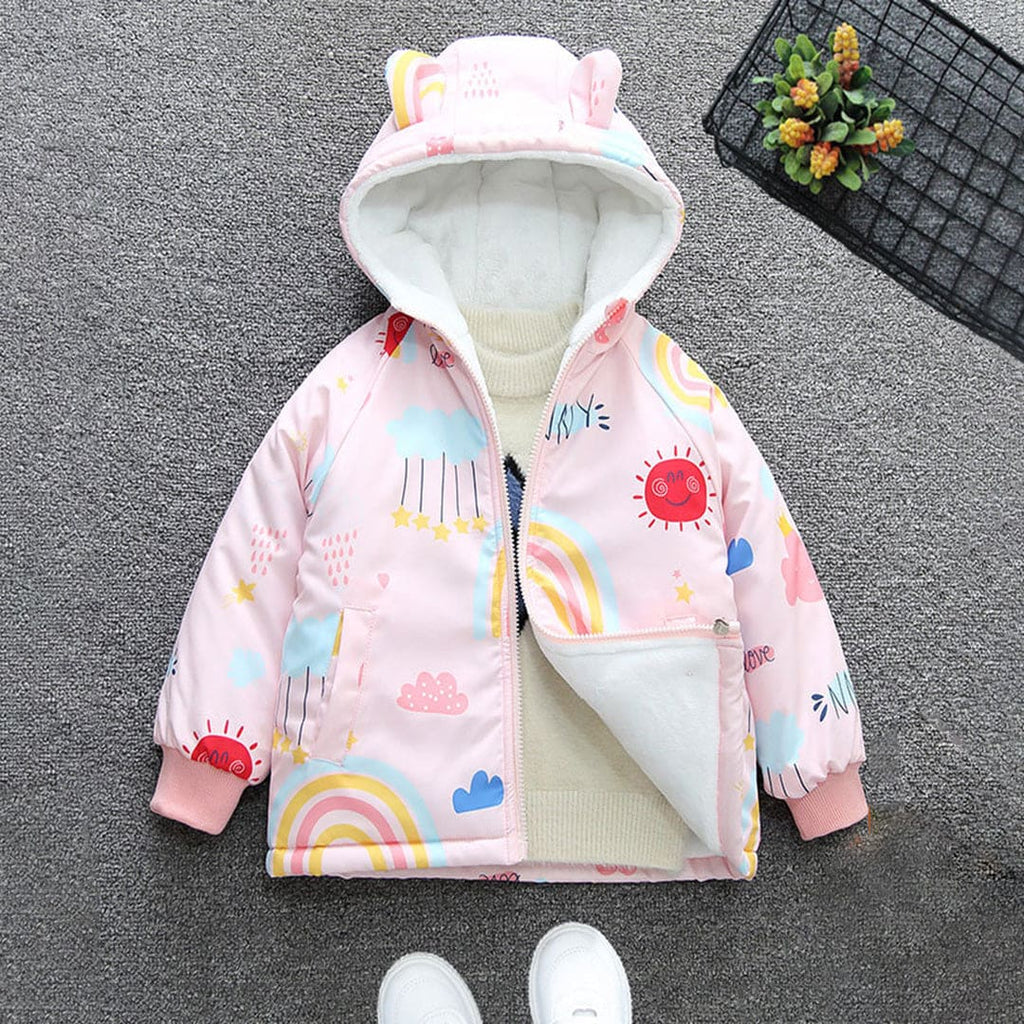 Girls Pink Printed Hooded Fleece Jacket With Fleece Lining Coats & Jackets Pink 1-2 Y 