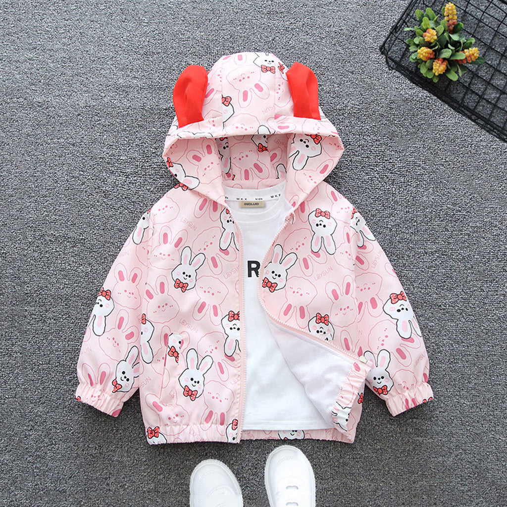 Girls Rabbit Printed Hooded Front Open Stylish Jacket Coats & Jackets Pink 1-2 Y 