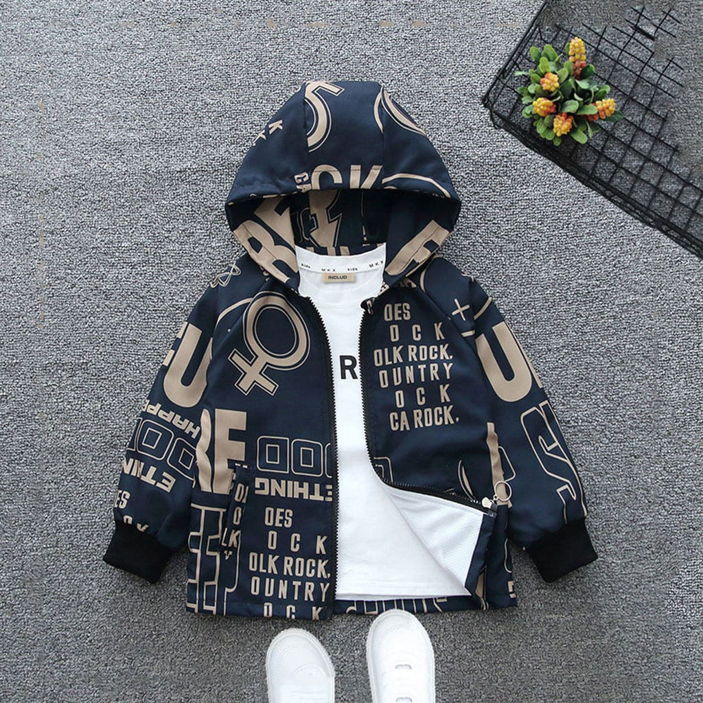 Boys Navy Text Print Hooded Long Sleeve Jacket Coats & Jackets Black 1-2 Y 