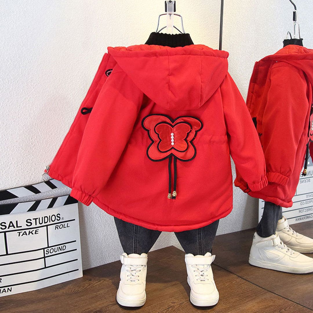 Girls Red Butterfly Applique Hooded Fleece Lined Jacket Coats & Jackets   