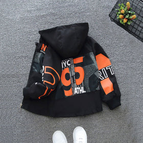 Boys Orange Letter Printed Front Open Trendy Hooded Jacket Coats & Jackets   