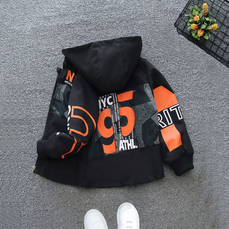 Boys Orange Letter Printed Front Open Trendy Hooded Jacket Coats & Jackets   
