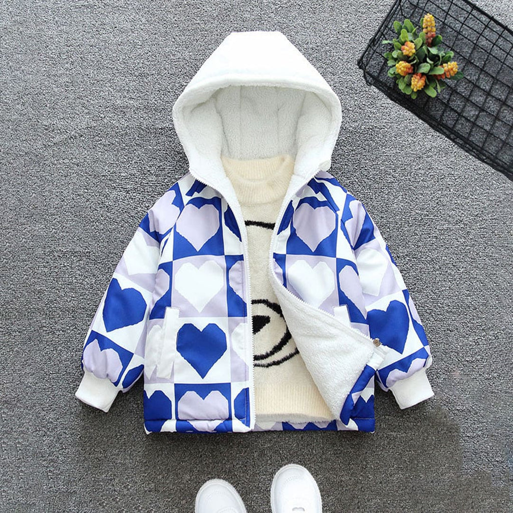 Girls Blue Hooded Heart Print Full Sleeves Fleece Jacket Coats & Jackets Blue 1-2 Y 