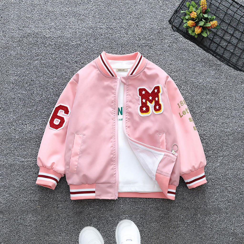 Girls Pink Front Open Baseball Trendy Jacket Coats & Jackets Pink 1-2 Y 