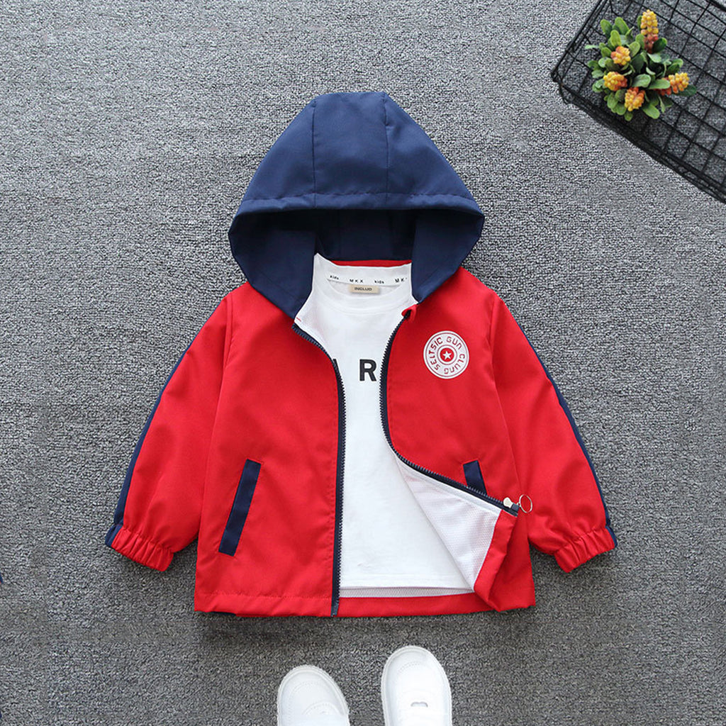 Boys Red Printed Front Open Hooded Trendy Jacket With Side Pockets Coats & Jackets Red 1-2 Y 