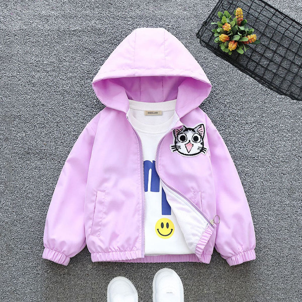 Girls Purple Cat Applique Hooded Jacket With Back Detailing Coats & Jackets Purple 1-2 Y 