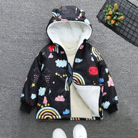 Girls Black Printed Hooded Fleece Jacket Coats & Jackets Black 1-2 Y 