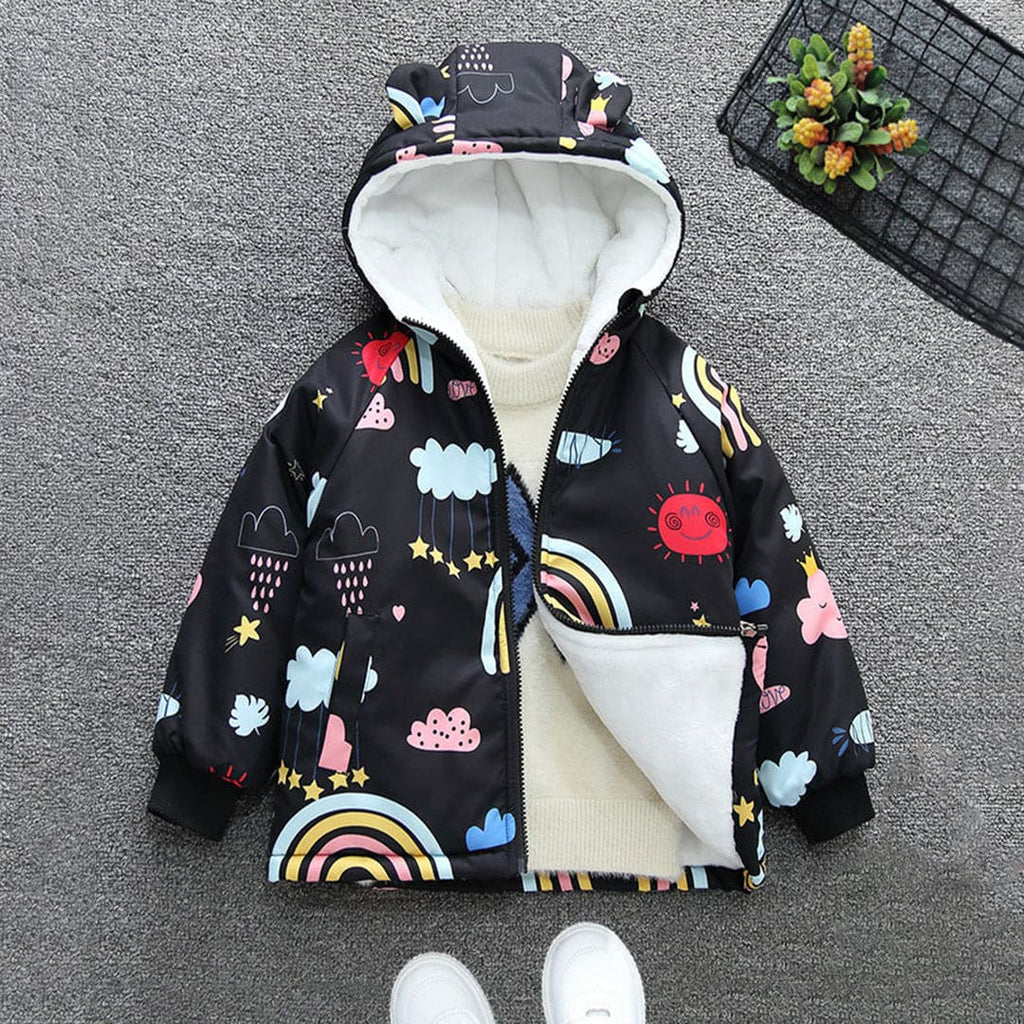 Girls Black Printed Hooded Fleece Jacket Coats & Jackets Black 1-2 Y 