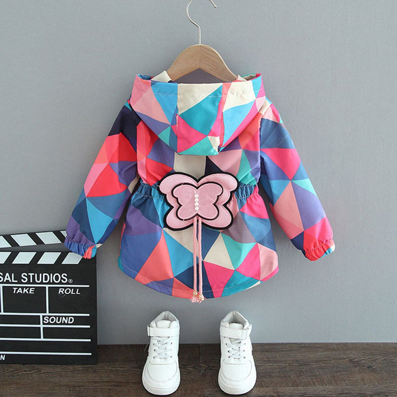 Girls Red Hooded Printed Jacket With Butterfly Back Patch Coats & Jackets   