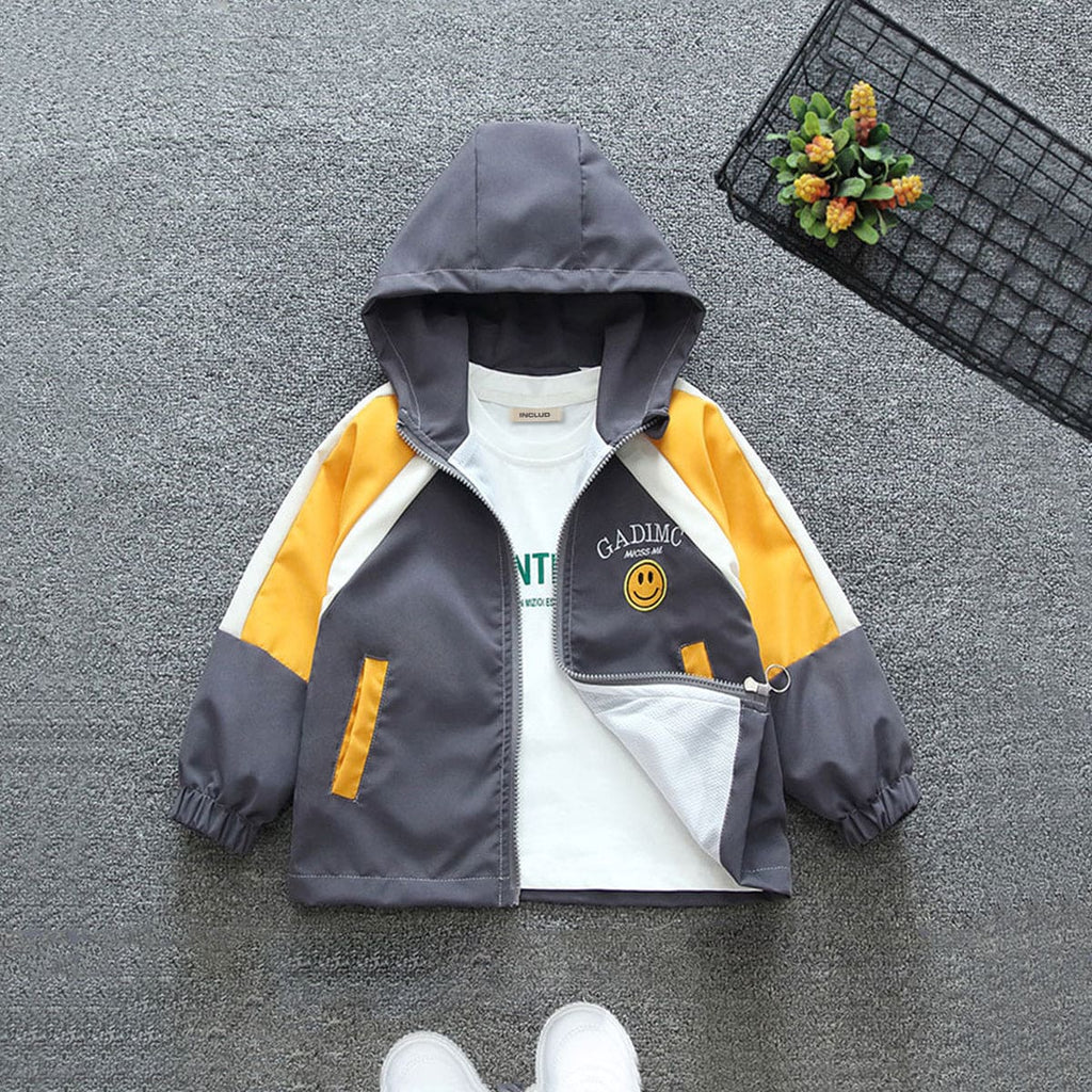 Boys Grey Printed Colour-blocked Hooded Jacket With Side Pockets Coats & Jackets Grey 1-2 Y 