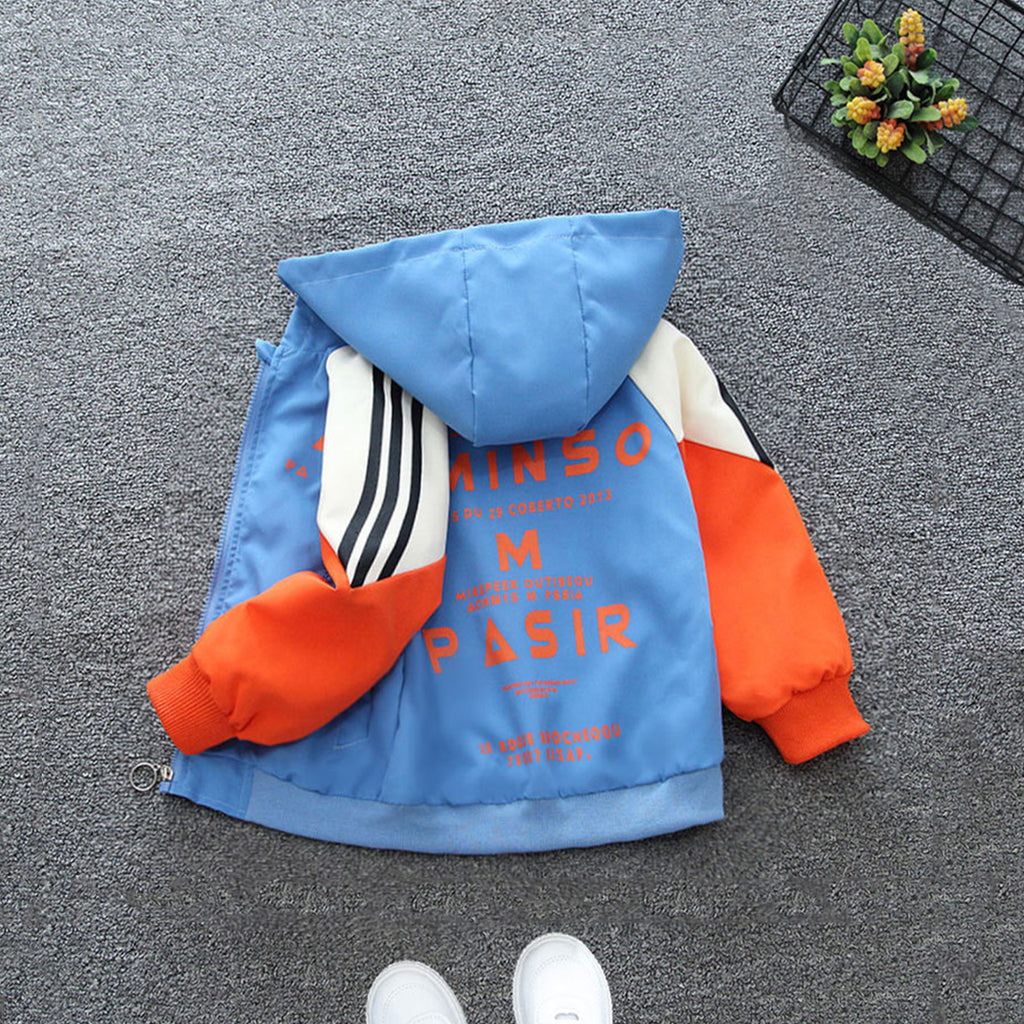 Boys Blue Letter Printed Front Open Trendy Hooded Jacket Coats & Jackets Blue 1-2 Y 