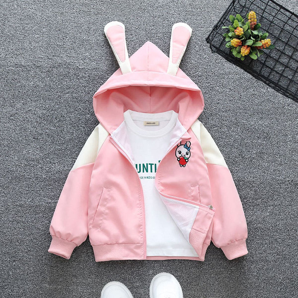 Girls Pink Printed Front Open Bunny Hooded Jacket Coats & Jackets Pink 1-2 Y 