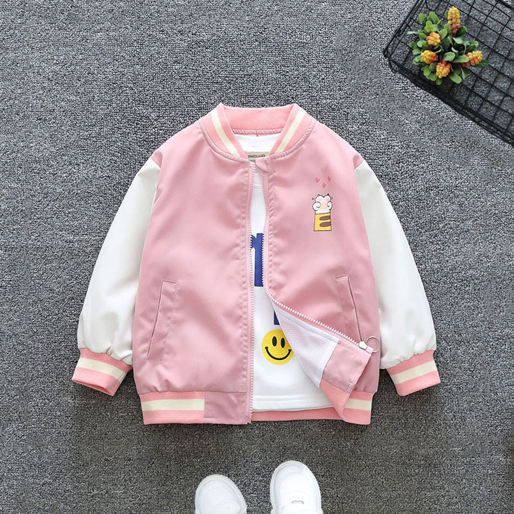 Girls Pink Cat Paw Printed Front Open Baseball Jacket Coats & Jackets Pink 1-2 Y 