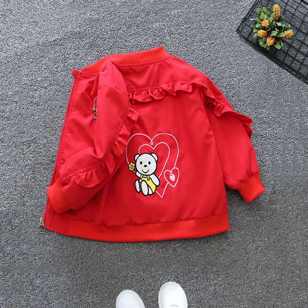 Girls Red Stylish Sleeves Cartoon Embroidered Trendy Jacket Coats & Jackets   