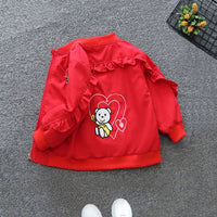 Girls Red Stylish Sleeves Cartoon Embroidered Trendy Jacket Coats & Jackets   