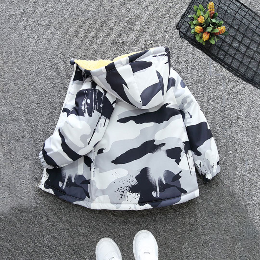 Girls Black Camouflage Print Long Sleeves Hooded Jacket Coats & Jackets   