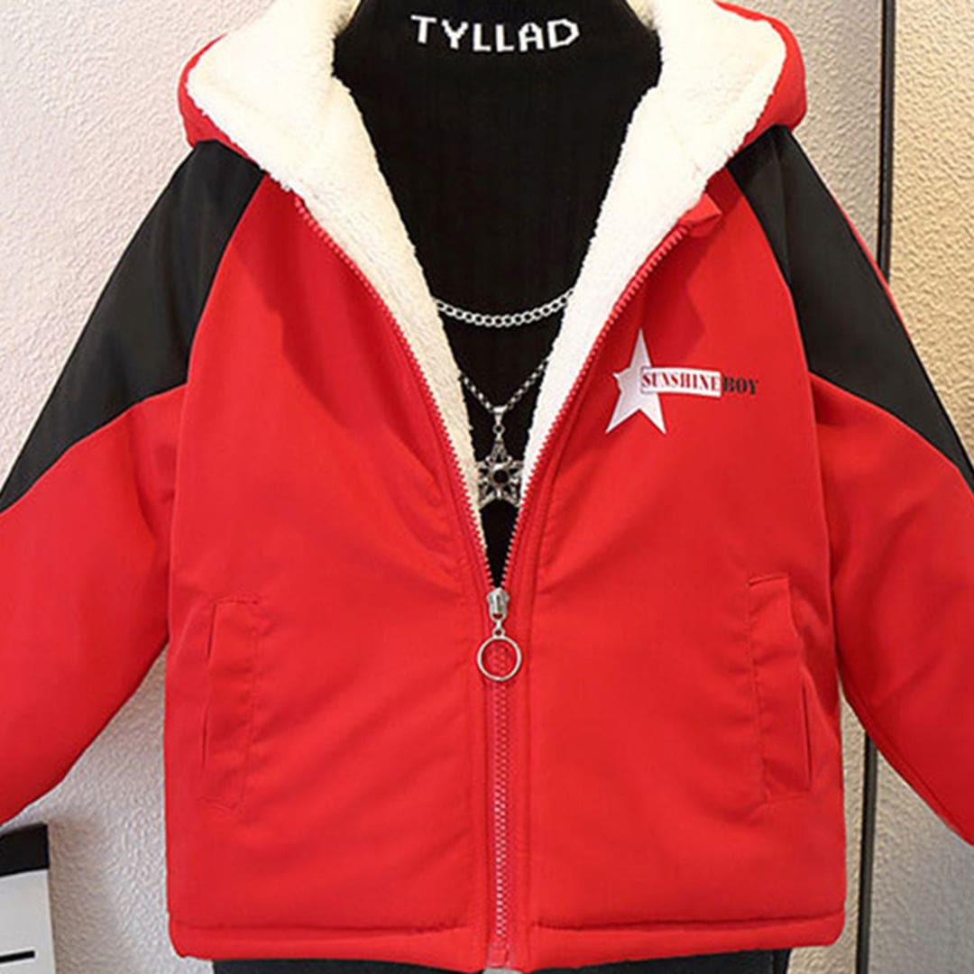 Boys Red Hooded Star Print Fleece Lined Jacket Coats & Jackets   