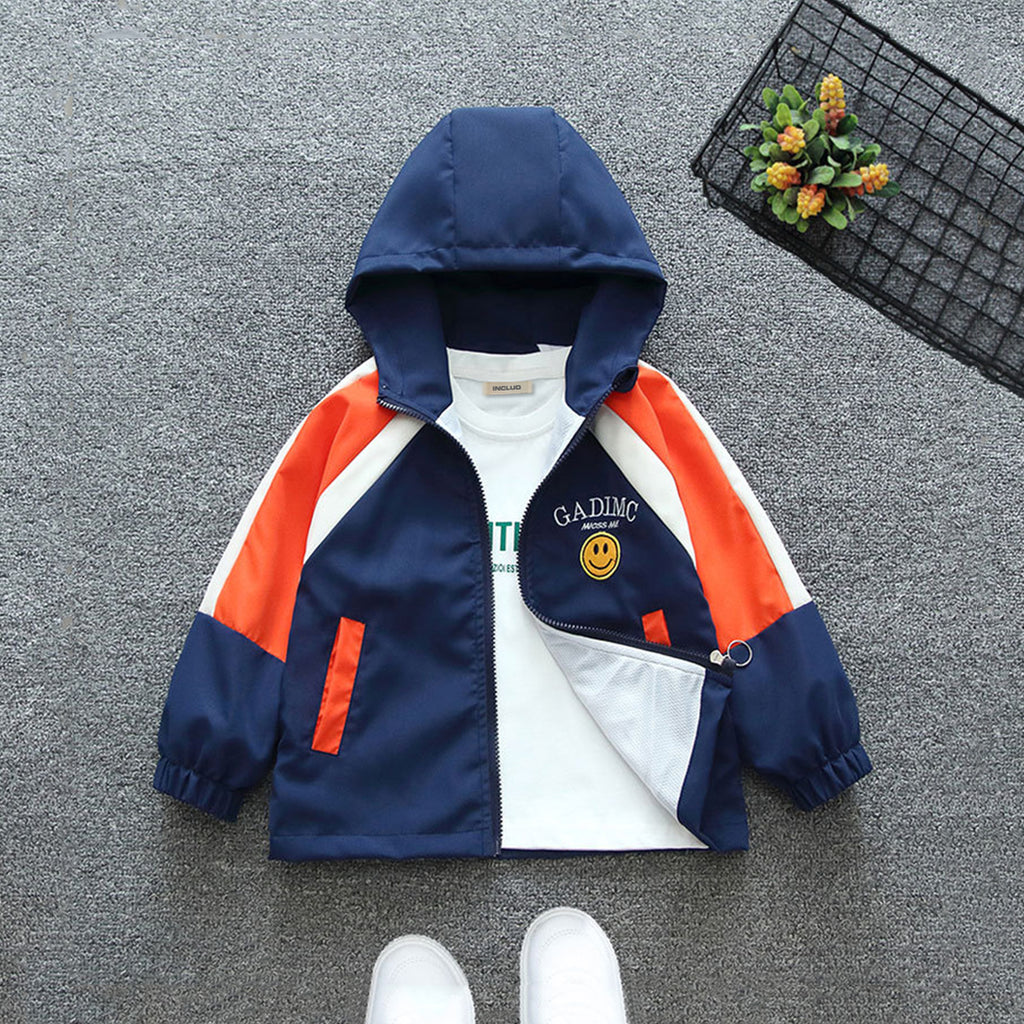 Boys Navy Printed Color Blocked Front Open Hooded Jacket Coats & Jackets Navy Blue 1-2 Y 