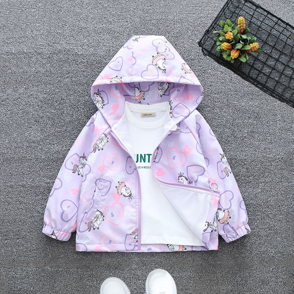 Girls Purple Heart Printed Front Open Hooded Fashion Jacket Coats & Jackets Purple 1-2 Y 