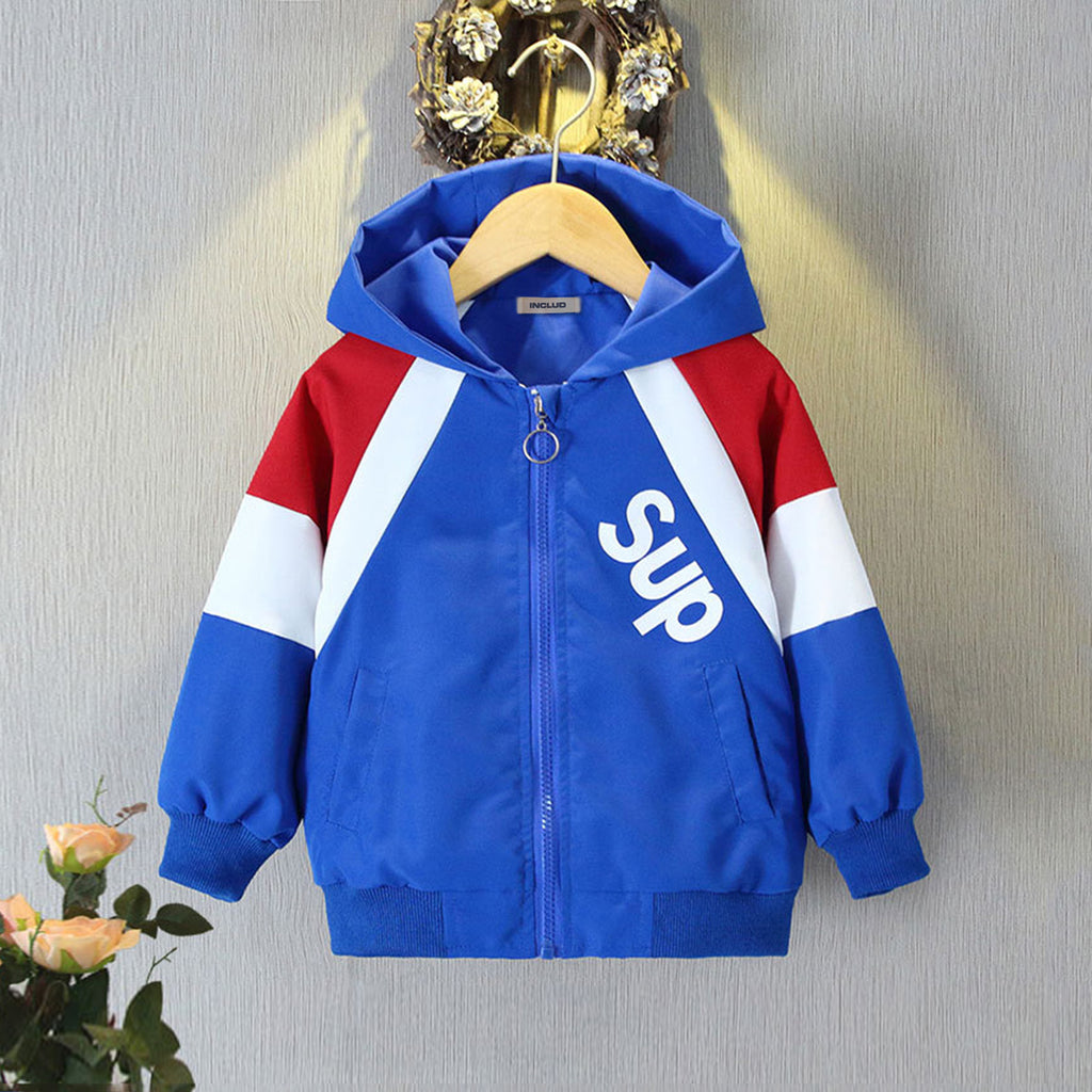 Boys Blue Printed Trendy Color Blocked Hooded Jacket Sweatshirts & Hoodies   