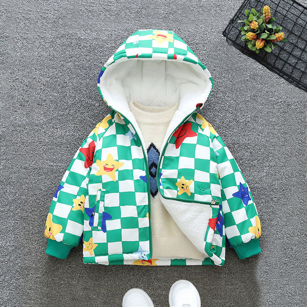 Boys Green Star-Check Print Hooded Jacket With Fleece Lining Coats & Jackets Green 1-2 Y 