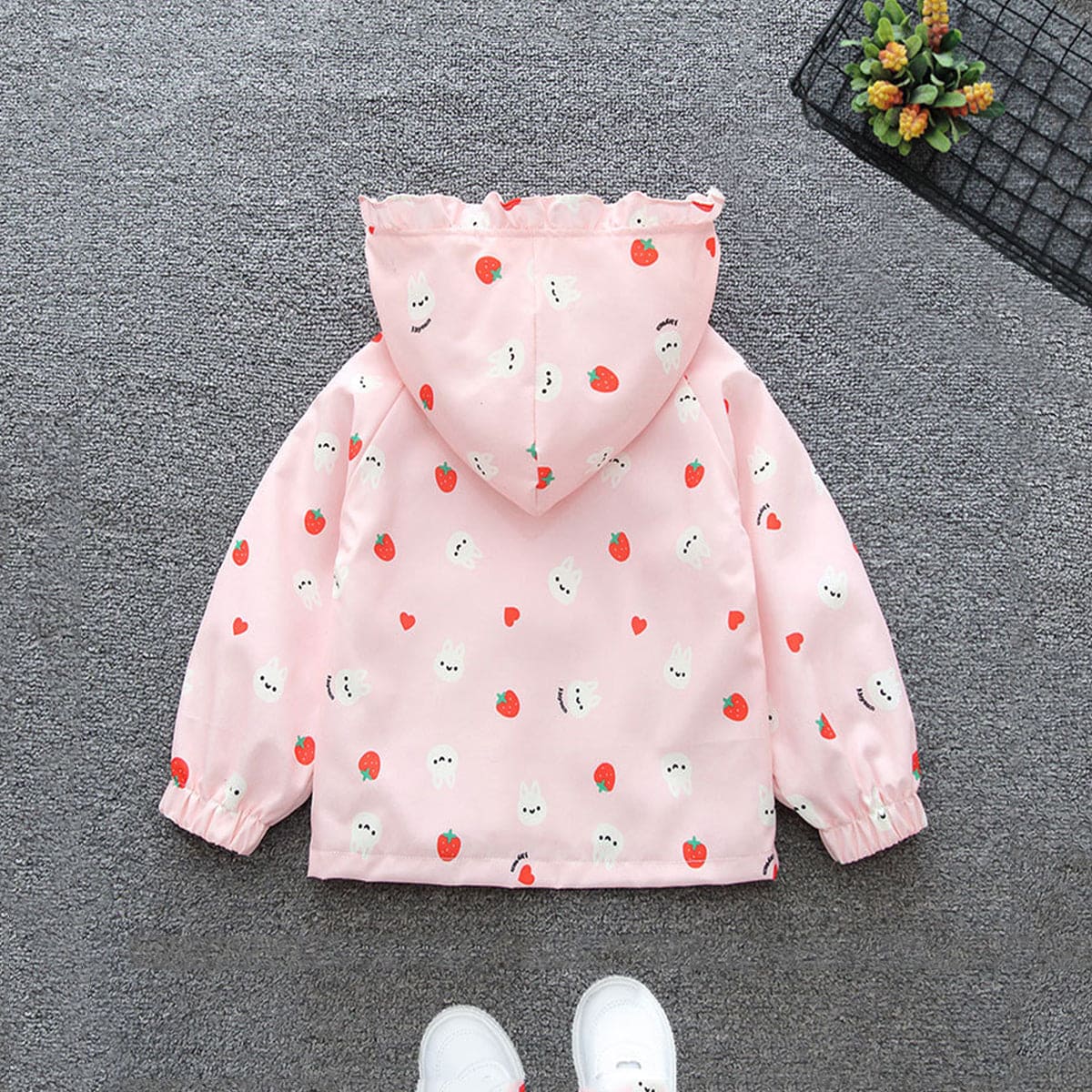 Girls Pink Strawberry Print Long Sleeve Hooded Jackets Coats & Jackets   